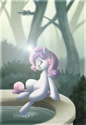 Size: 1024x1478 | Tagged: safe, artist:hecatehell, sweetie belle, pony, unicorn, g4, eyes closed, female, fountain, magic, solo, tree, water