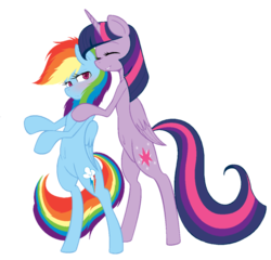 Size: 911x876 | Tagged: safe, artist:sarath-15, rainbow dash, twilight sparkle, alicorn, pony, g4, bipedal, blushing, female, hug, lesbian, mare, ship:twidash, shipping, smiling, twilight sparkle (alicorn)