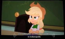 Size: 506x306 | Tagged: safe, screencap, applejack, equestria girls, g4, female, meme, solo, youtube caption