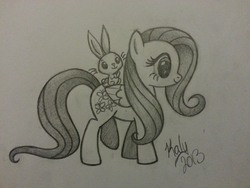 Size: 960x720 | Tagged: safe, artist:kalyandra, angel bunny, fluttershy, g4, monochrome, traditional art