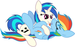 Size: 10000x6243 | Tagged: safe, artist:kysss90, dj pon-3, rainbow dash, vinyl scratch, pegasus, pony, unicorn, g4, absurd resolution, cutie mark, eyes closed, female, hooves, horn, lesbian, licking, lying down, mare, open mouth, shipping, simple background, smiling, tongue out, transparent background, vector, vinyldash, wings