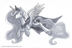 Size: 830x561 | Tagged: safe, artist:kenket, artist:spainfischer, princess luna, alicorn, pony, g4, cloak, clothes, female, flying, monochrome, slender, solo, thin, traditional art