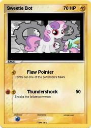 Size: 373x521 | Tagged: safe, sweetie belle, pony, robot, unicorn, g4, female, filly, foal, gears, hooves, horn, pokémon, pokémon card, red eyes, smiling, solo, sweetie bot, teeth, text