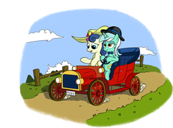 Size: 3310x2450 | Tagged: safe, artist:corina93, bon bon, lyra heartstrings, sweetie drops, g4, car, driving, duo, fence, hat, sitting