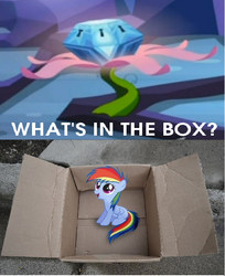 Size: 541x664 | Tagged: safe, rainbow dash, pegasus, pony, fanfic:my little dashie, g4, my little pony: friendship is magic, princess twilight sparkle (episode), chest of harmony, exploitable meme, good people finding dash meme, meme, memeception, what's in the box?