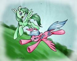 Size: 1880x1488 | Tagged: safe, artist:eeveetachi, firefly, medley, pegasus, pony, g1, g4, duo, flying, g1 to g4, generation leap, traditional art