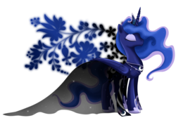 Size: 2100x1494 | Tagged: safe, artist:tiffanymarsou, princess luna, alicorn, pony, g4, clothes, concave belly, dress, ethereal mane, ethereal tail, eyes closed, eyeshadow, female, folded wings, large wings, long dress, makeup, mare, see-through, simple background, slender, solo, standing, tail, thin, transparent background, wings