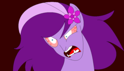Size: 840x482 | Tagged: safe, wysteria, human, angry, bloodshot eyes, fangs, female, flower, flower in hair, humanized, ms paint, simple background, solo, two toned hair, vein