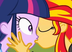 Size: 972x705 | Tagged: dead source, safe, artist:animeenemy, sunset shimmer, twilight sparkle, equestria girls, g4, female, kiss on the lips, kissing, lesbian, love, ship:sunsetsparkle, shipping