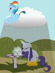Size: 1500x2000 | Tagged: safe, artist:brony-in-the-shadows, rainbow dash, rarity, pony, g4, angry, cloud, duo, laughing, prank, rain, sandwich, wet, wet mane, wet mane rarity