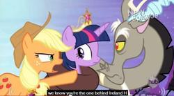 Size: 635x353 | Tagged: safe, screencap, applejack, discord, twilight sparkle, alicorn, pony, g4, princess twilight sparkle (episode), female, mare, meme, twilight sparkle (alicorn), youtube caption