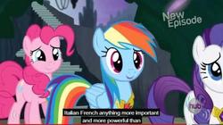 Size: 636x355 | Tagged: safe, screencap, pinkie pie, rainbow dash, rarity, g4, princess twilight sparkle (episode), meme, youtube caption