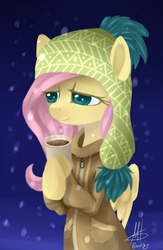 Size: 669x1024 | Tagged: safe, artist:ghst-qn, fluttershy, pegasus, pony, g4, bipedal, clothes, cup, drink, female, hat, hot chocolate, jacket, lidded eyes, smiling, snow, snowfall, solo, winter