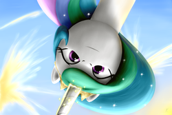 Size: 1600x1067 | Tagged: safe, artist:everypone, princess celestia, alicorn, pony, g4, close-up, female, low angle, solo, upside down