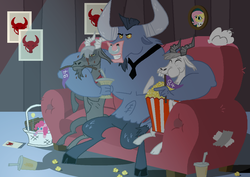 Size: 1170x827 | Tagged: safe, artist:creepycurse, angel bunny, fluttershy, iron will, nostalgia goat, pinkie pie, goat, minotaur, g4, season 4, couch, drink, food, messy, plushie, popcorn, s4, television