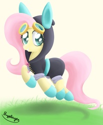 Size: 1400x1700 | Tagged: safe, artist:bugplayer, fluttershy, pegasus, pony, g4, bunny ears, clothes, dangerous mission outfit, female, goggles, hoodie, mare, smiling, solo