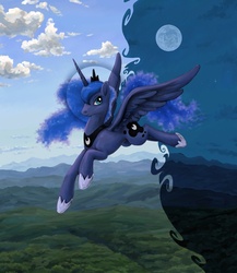 Size: 786x907 | Tagged: safe, artist:choedan-kal, princess luna, g4, day, female, flying, halo, moon, night, solo, surreal, working