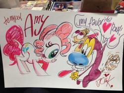 Size: 568x426 | Tagged: safe, artist:john kricfalusi, pinkie pie, g4, crossover, fart, male, photo, ren and stimpy, ren hoek, stimpy, tongue out, traditional art, twitter