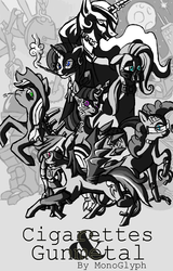 Size: 863x1350 | Tagged: safe, artist:monoglyph, applejack, fluttershy, pinkie pie, princess celestia, rainbow dash, rarity, twilight sparkle, g4, cigarette, cigarette holder, cyberpunk, fanfic, science fiction, smoking