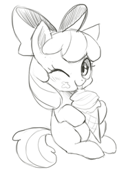 Size: 651x817 | Tagged: safe, artist:suikuzu, apple bloom, earth pony, pony, g4, adorabloom, cute, female, ice cream, monochrome, solo