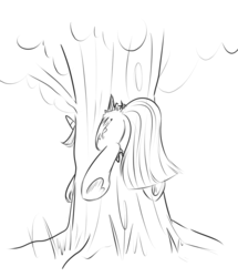 Size: 700x814 | Tagged: safe, artist:xioade, twilight sparkle, g4, butt, buttstuck, female, lineart, monochrome, plot, solo, stuck, stuck between trees, tree