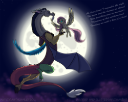 Size: 1400x1120 | Tagged: safe, artist:dantalianletrou, discord, fluttershy, draconequus, pegasus, pony, g4, backlighting, beauty and the beast, dialogue, female, flying, male, mare, moon, night, nightwish, ship:discoshy, shipping, sky, stars, straight, text