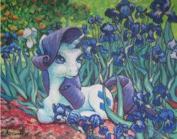 Size: 900x707 | Tagged: safe, artist:sunset80, rarity, g4, acrylic painting, female, flower, iris (flower), solo, traditional art, vincent van gogh