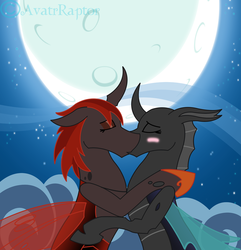 Size: 877x910 | Tagged: safe, artist:avatarraptor, oc, oc only, oc:gypsy, oc:princess amanita, changeling, blushing, changeling oc, female, kissing, lesbian, red changeling, shipping