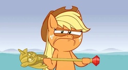 Size: 640x350 | Tagged: safe, artist:hotdiggedydemon, edit, applejack, earth pony, pony, .mov, g4, princess twilight sparkle (episode), female, jappleack, meme, solo, twilight scepter