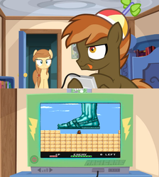 Size: 768x856 | Tagged: safe, button mash, oc, oc:cream heart, earth pony, pony, g4, button mash plays, button's odd game, colt, earth pony oc, exploitable meme, female, foal, hat, male, mare, meme, monty python, mother and child, mother and son, old school, platformer, propeller hat, reference, trio the punch never forget me, up all night, video game