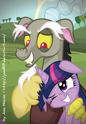 Size: 1359x1936 | Tagged: safe, artist:jcosneverexisted, discord, twilight sparkle, alicorn, draconequus, pony, g4, princess twilight sparkle (episode), discord being discord, duo, duo male and female, female, grin, looking at each other, looking at someone, male, mare, noogie, one eye closed, smiling, smiling at each other, twilight sparkle (alicorn)