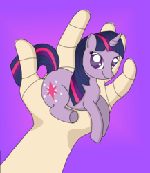 Size: 833x958 | Tagged: safe, artist:heartshielder1991, twilight sparkle, human, pony, g4, female, hand, holding a pony, in goliath's palm, solo