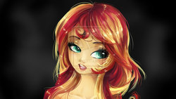 Size: 1024x576 | Tagged: dead source, safe, artist:chocori, sunset shimmer, human, g4, deviantart watermark, female, humanized, obtrusive watermark, solo, watermark