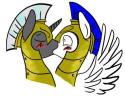 Size: 901x691 | Tagged: safe, artist:silver1kunai, pegasus, pony, unicorn, armor, blushing, eyes closed, gay, kiss on the lips, kissing, making out, male, pegasus royal guard, royal guard, shipping, spread wings, stallion, surprise kiss, surprised, unicorn royal guard, wide eyes, wingboner