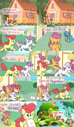 Size: 2200x3750 | Tagged: safe, artist:fillyscoots42, apple bloom, scootaloo, sweetie belle, oc, oc:kaze, earth pony, pegasus, pony, unicorn, ask crinkleloo, g4, cameo, comic, crinkleloo, cutie mark crusaders, diaper, diaper usage, diapered, diaperloo, female, filly, fluttershy's cottage, foal, mare, mouth hold, non-baby in diaper, pissing, poofy diaper, teary eyes, tumblr, urine, using diaper, wet diaper, wetting diaper