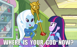 Size: 1280x794 | Tagged: safe, trixie, twilight sparkle, equestria girls, g4, my little pony equestria girls, my little pony: friendship is magic, princess twilight sparkle (episode), crossing the memes, exploitable meme, look what trixie found, meme, memeception, twilight scepter, where is your god now?