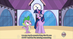 Size: 640x344 | Tagged: safe, screencap, spike, twilight sparkle, alicorn, pony, g4, princess twilight sparkle (episode), female, god, mare, meme, mlp-captions, twilight sparkle (alicorn), youtube caption