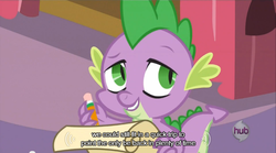 Size: 640x355 | Tagged: safe, screencap, spike, dragon, g4, princess twilight sparkle (episode), male, meme, mlp-captions, solo, youtube caption