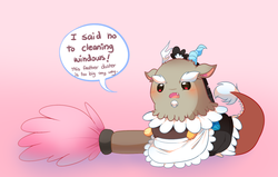 Size: 855x543 | Tagged: dead source, safe, artist:pekou, discord, ask my little chubbies, g4, princess twilight sparkle (episode), blushing, chubbie, clothes, crossdressing, cute, dialogue, discute, duster, maid, maid discord, micro, solo