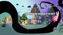 Size: 1280x720 | Tagged: safe, applejack, pinkie pie, g4, princess twilight sparkle (episode), black vine, fourth wall, image macro, slide, text