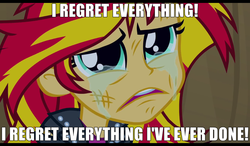 Size: 1024x600 | Tagged: safe, sunset shimmer, equestria girls, g4, begging, caption, crying, female, image macro, regret, solo, sunsad shimmer, team fortress 2, text