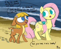 Size: 1000x800 | Tagged: safe, artist:aa, fluttershy, oc, oc:juniper, deer, pegasus, pony, g4, alternate hairstyle, beach, brogue, celtic deer, comic, dialogue, doric scots, ocean, scottish, seashell