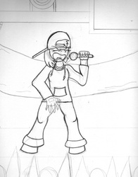 Size: 392x500 | Tagged: safe, artist:rdk, babs seed, anthro, unguligrade anthro, g4, baseball cap, cap, concert, eyes closed, female, hat, microphone, monochrome, preview, solo, traditional art, wip