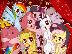 Size: 922x692 | Tagged: safe, artist:うめぐる, applejack, fluttershy, pinkie pie, rainbow dash, rarity, twilight sparkle, alicorn, pony, g4, female, mane six, mare, twilight sparkle (alicorn)