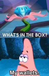 Size: 500x770 | Tagged: safe, g4, my little pony: friendship is magic, princess twilight sparkle (episode), chest of harmony, exploitable meme, male, meme, mermaid man and barnacle boy iii, patrick star, spongebob squarepants, what's in the box?