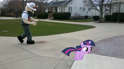 Size: 2592x1456 | Tagged: safe, artist:foxy-noxy, edit, twilight sparkle, human, g4, blank flank, brick, building, bush, concrete, derrick the oiler, filly, filly twilight sparkle, findlay, fire hydrant, grass, hat, irl, manhole, mascot, photo, ponies in real life, running, sidewalk, sign, sky, stairs, street, streetlight, tree, university, university of findlay, window