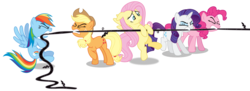 Size: 8254x3000 | Tagged: safe, artist:masem, applejack, fluttershy, pinkie pie, rainbow dash, rarity, earth pony, pegasus, pony, unicorn, g4, princess twilight sparkle (episode), season 4, absurd resolution, female, mare, remane five, simple background, transparent background, tug of war, vector, vine