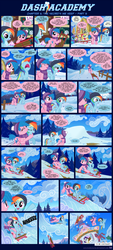 Size: 1155x2545 | Tagged: safe, artist:sorcerushorserus, derpy hooves, firefly, rainbow dash, rarity, surprise, pegasus, pony, unicorn, comic:dash academy, g1, g4, clothes, comic, female, g1 to g4, generation leap, hat, mare, ponyville, scarf, sled, snow, winter