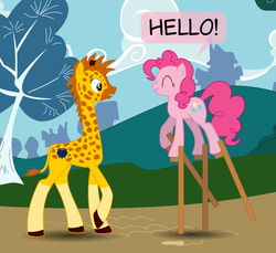 Size: 900x825 | Tagged: safe, pinkie pie, oc, oc:chemique, earth pony, giraffe, pony, g4, askchemique, duo, female, mare, speech bubble, stilts