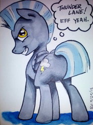 Size: 1024x1381 | Tagged: safe, artist:rapidostar, thunderlane, pegasus, pony, g4, butt, deviantart watermark, looking back, male, obtrusive watermark, plot, smiling, smirk, solo, stallion, traditional art, watermark